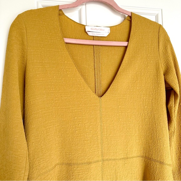 SEE BY CHLOE Stretch Crepe Dress with Long Sleeves in Muted Gold - Slip Included - Picture 4 of 14